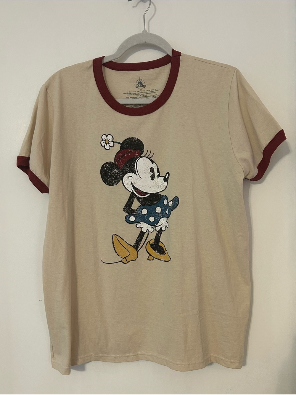 NWT Vintage Style Minnie Mouse Ringer Tee - Cream & Burgundy - Picture 1 of 8
